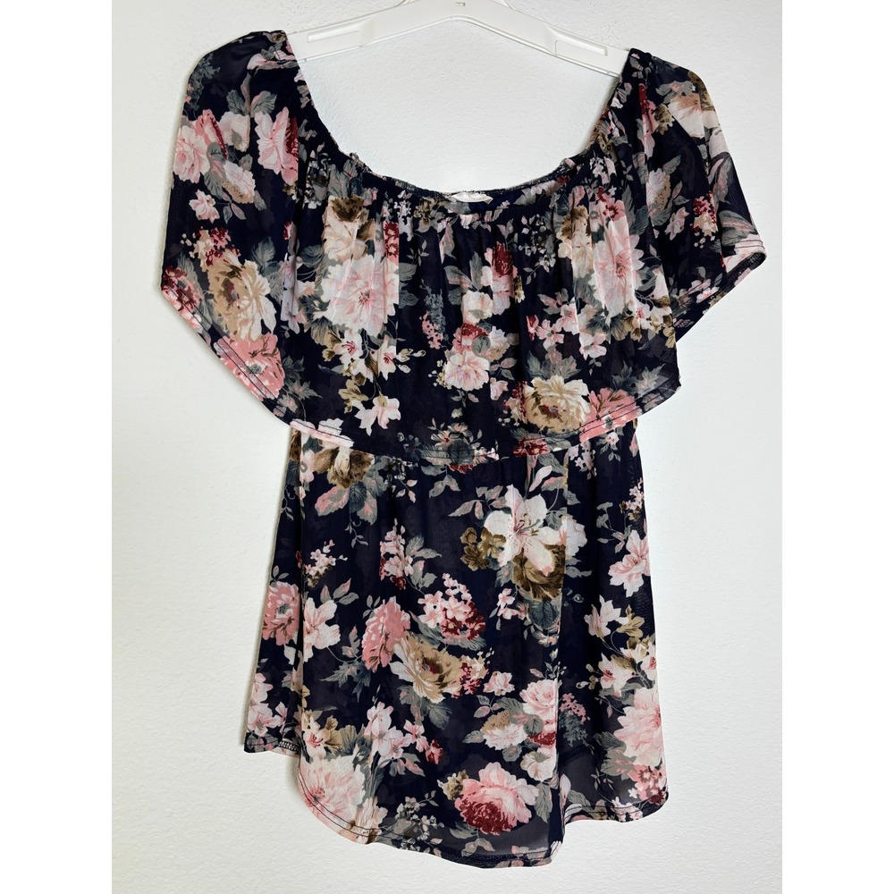 Sirenlily Navy Floral Ruffle Off The Shoulder Blouse Sheer Boho Top